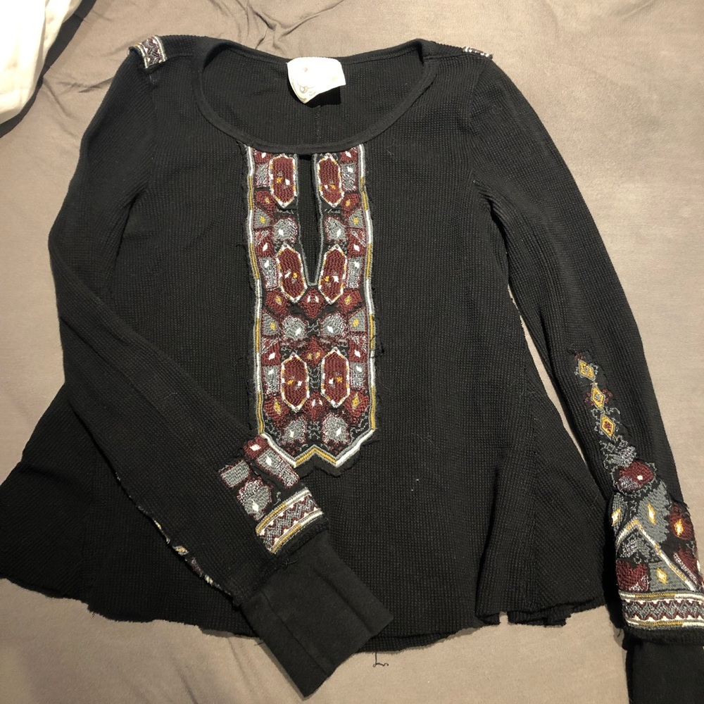 Free People black thermal with embroidery